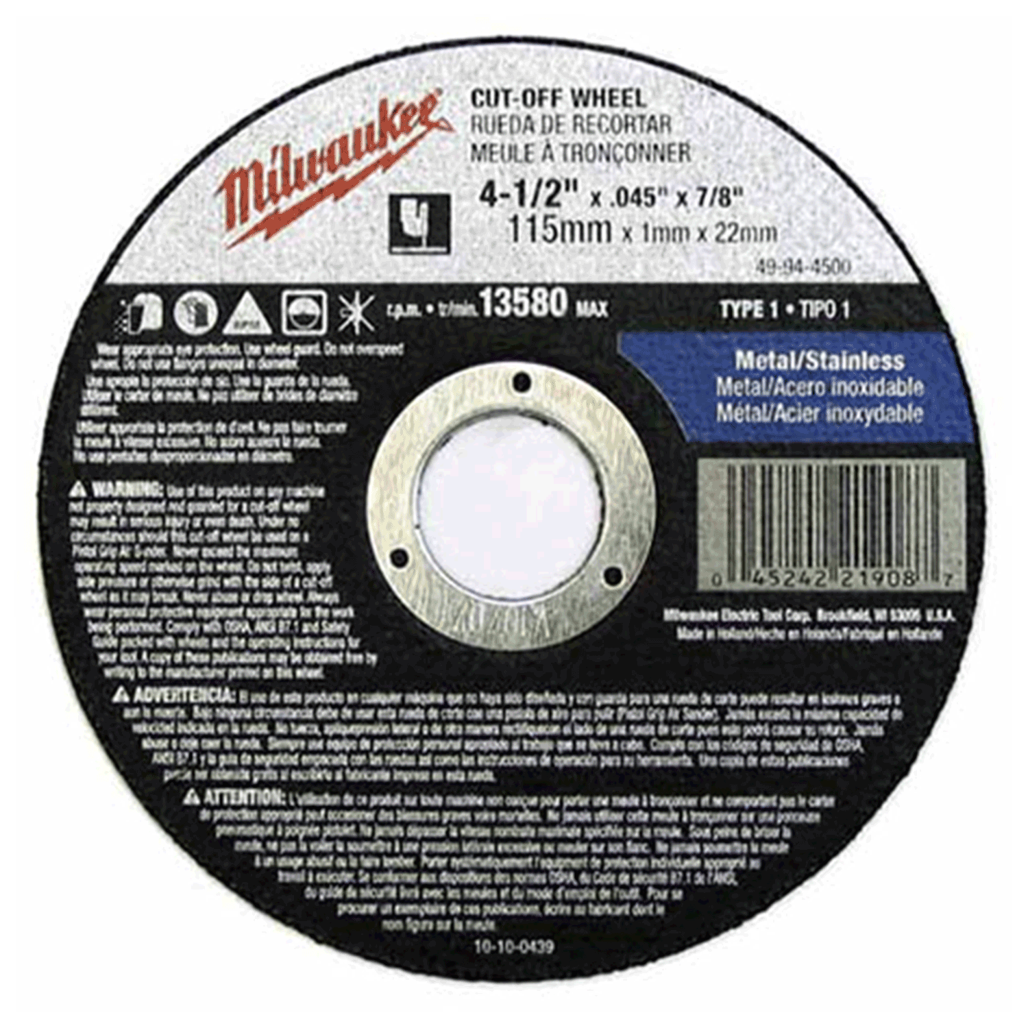 Imagen de DISCO DE CORTE  METAL 4-1/2" X .045, 7/8", 13580 RPM,TIPO 1 MILWAUKEE