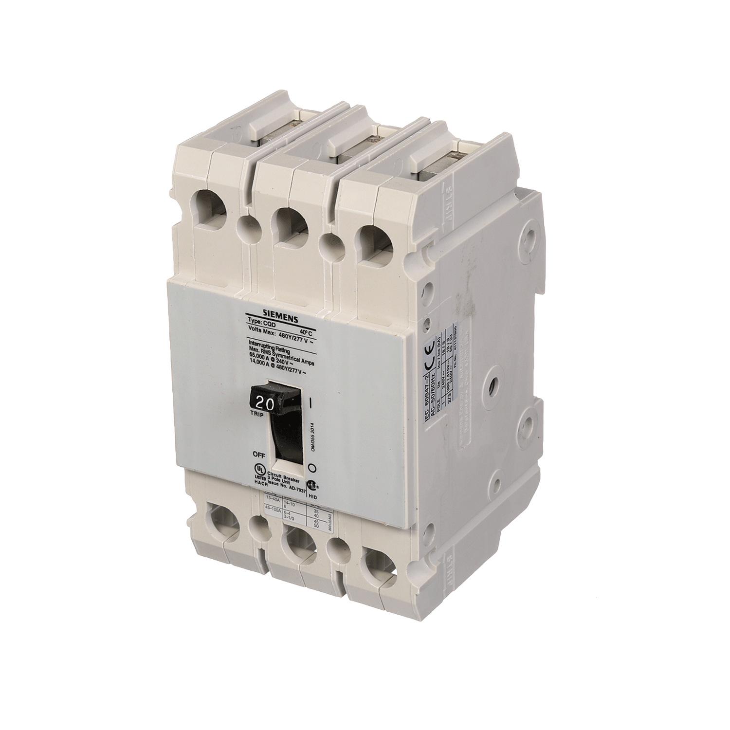 Imagen de INTERRUPTOR CQD 3X20A 65KA/240, 14KA/480, 10KA/600V PARA RIEL DIN