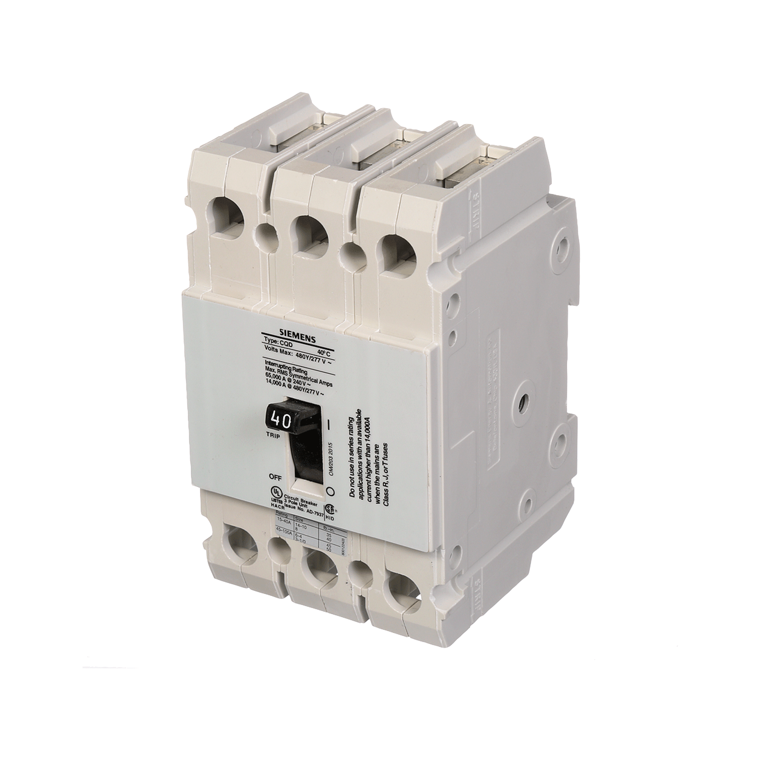 Imagen de INTERRUPTOR CQD 3X40A 65KA/240, 14KA/480, 10KA/600V PARA RIEL DIN