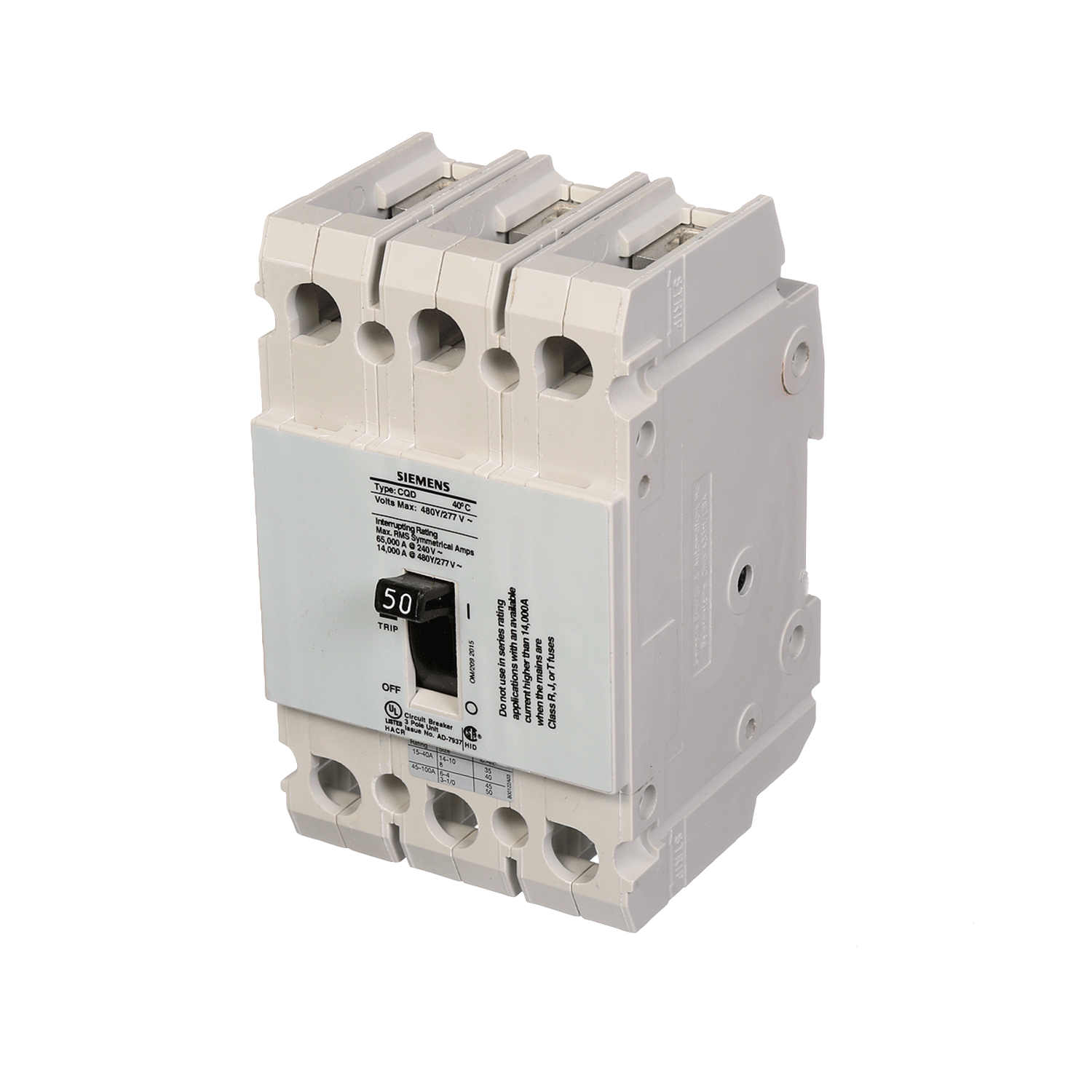 Imagen de INTERRUPTOR CQD 3X50A 65KA/240, 14KA/480, 10KA/600V PARA RIEL DIN