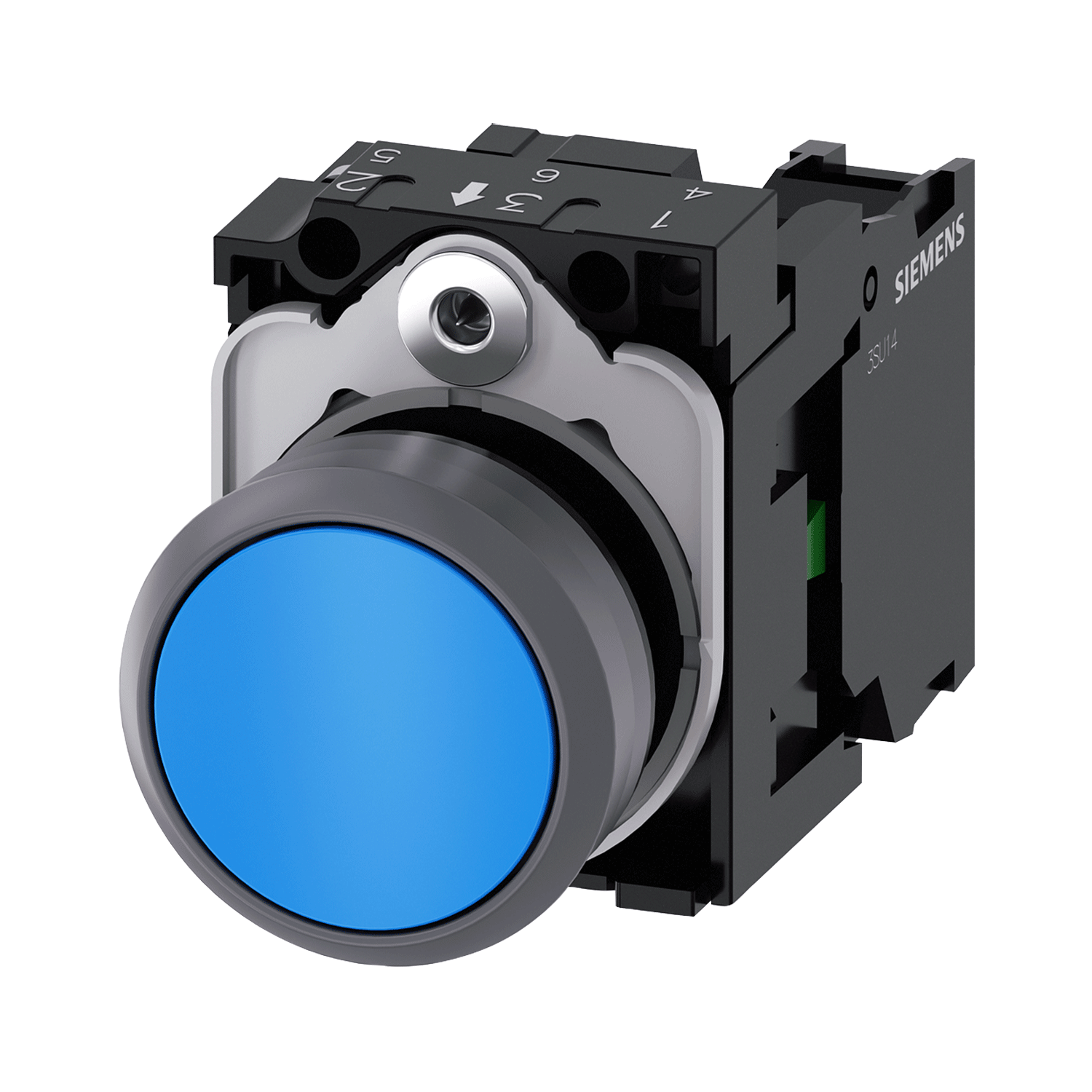 Imagen de BOTON PULSADOR AZUL 22MM BASE + CONTACTO 1NA PLASTICO ANILLO METALICO