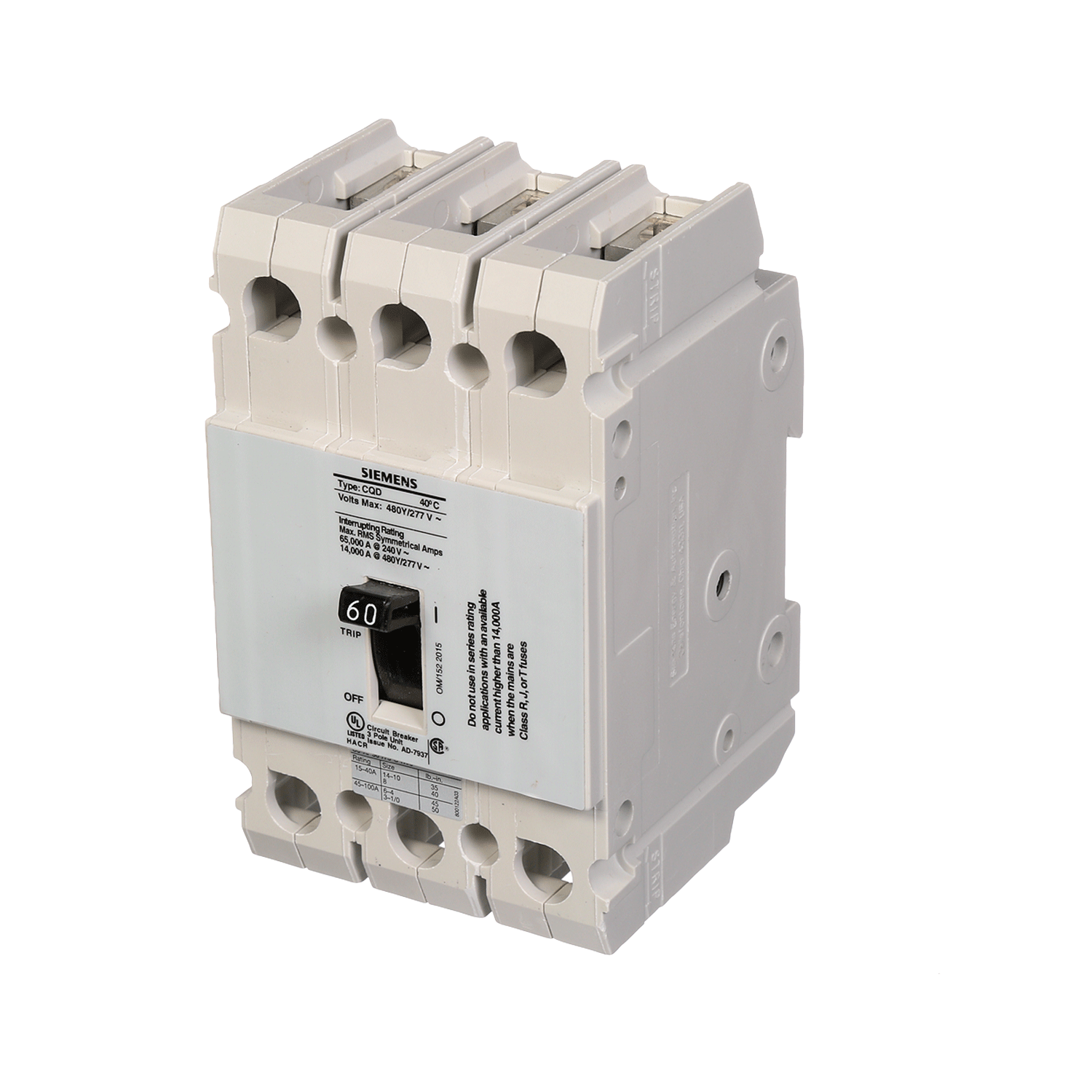 Imagen de INTERRUPTOR CQD 3X60A 65KA/240, 14KA/480, 10KA/600V PARA RIEL DIN