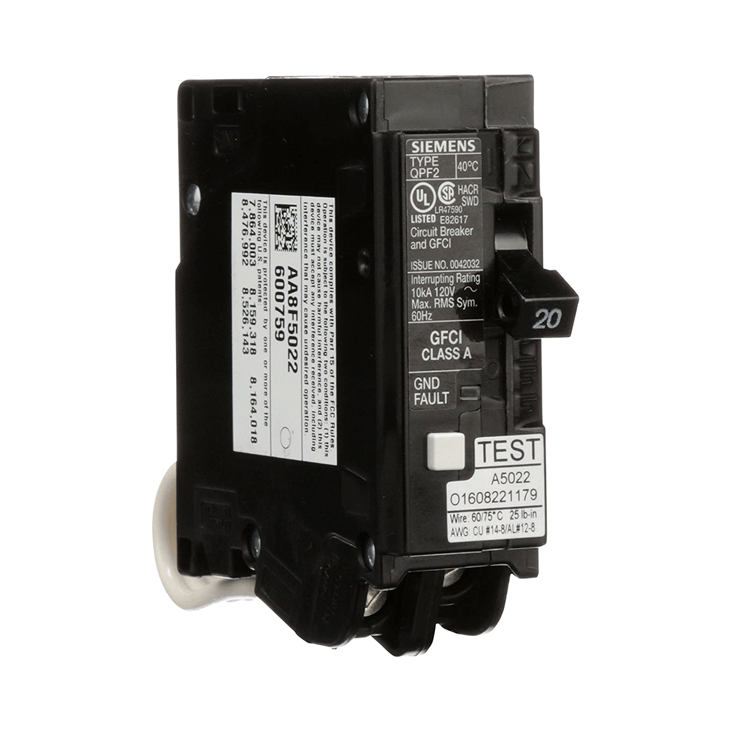 Imagen de PASTILLA INTERRUPTOR QPF2 1X20A 10K 120V GFCI 5MA FALLA A TIERRA