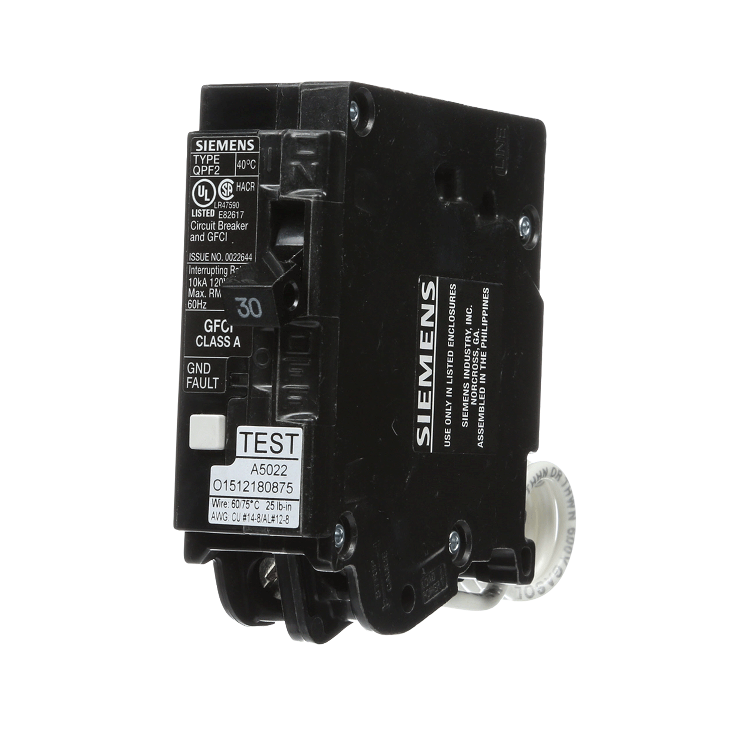 Imagen de PASTILLA INTERRUPTOR QPF2 1X30A 10K 120V GFCI 5MA FALLA A TIERRA