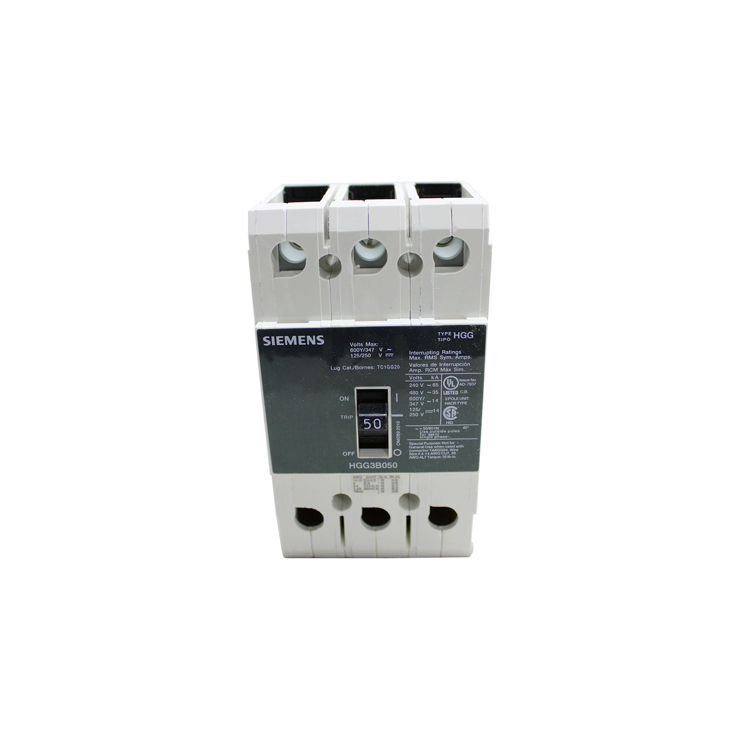 Imagen de INTERRUPTOR HGG 3X50A 65KA/240, 35KA/480, 14KA/600V PARA RIEL DIN