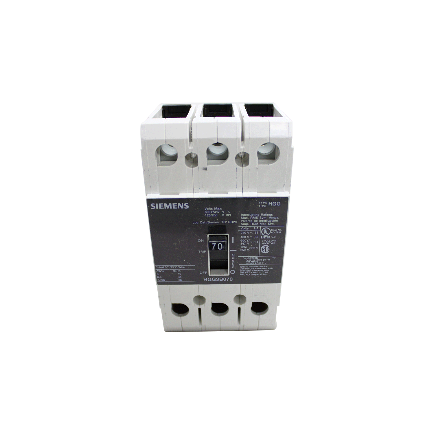 Imagen de INTERRUPTOR HGG 3X70A 65KA/240, 35KA/480, 14KA/600V PARA RIEL DIN