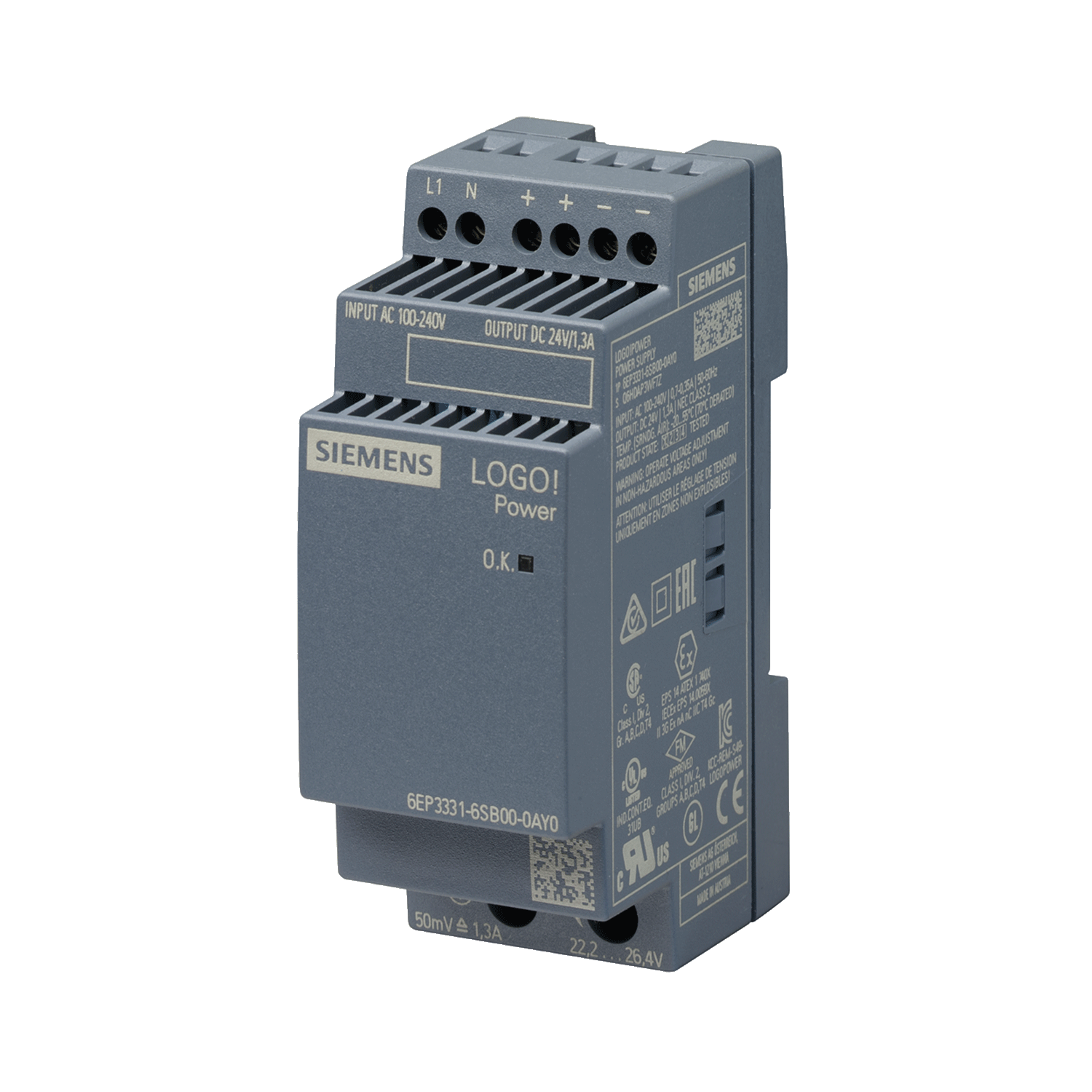 Imagen de FUENTE DE ALIMENTACION LOGO!POWER 1,3 A ENTRADA MONOFASICA 100-240 V AC SALIDA 24 V DC