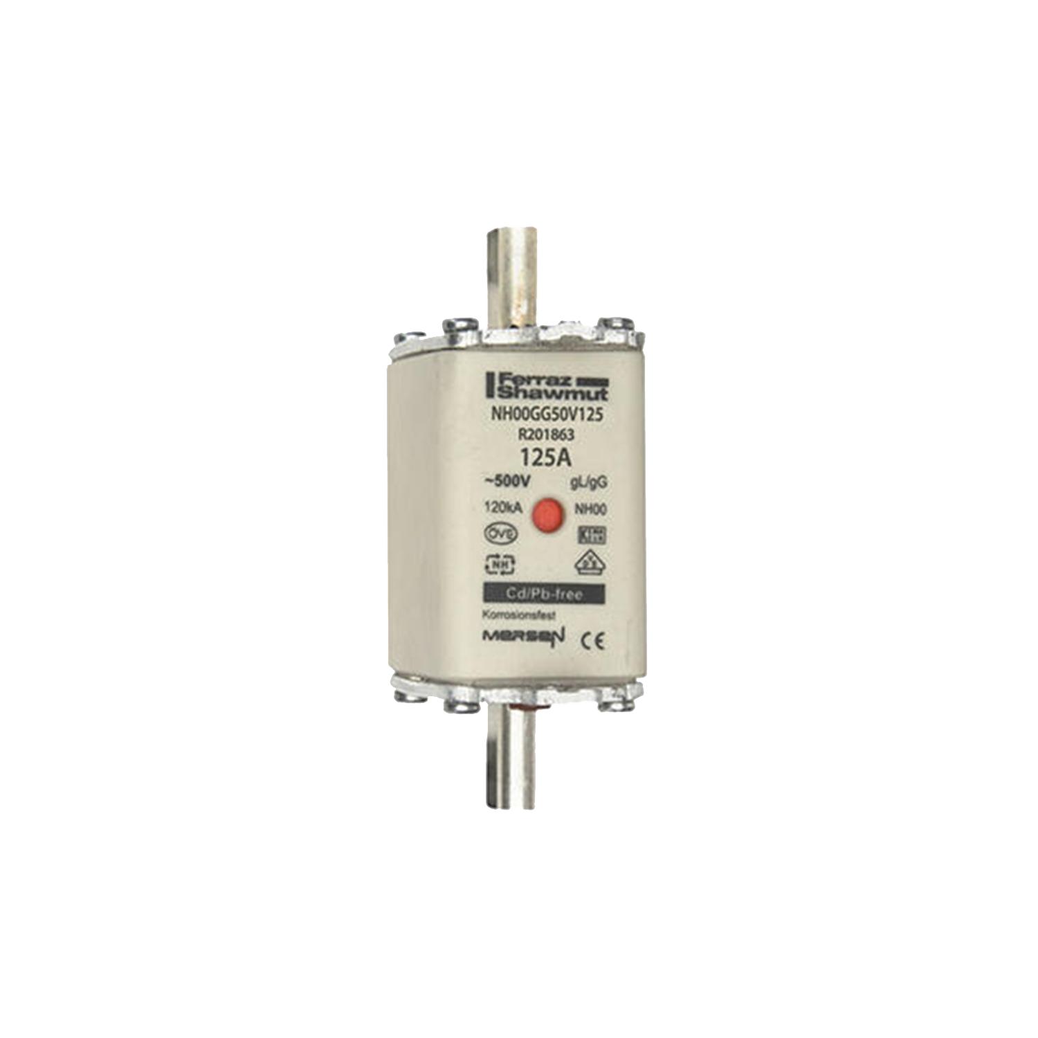 Imagen de FUSIBLE NH TAMAÑO 00 125A 500V AC, 250V DC NH00GG50V125 MERSEN