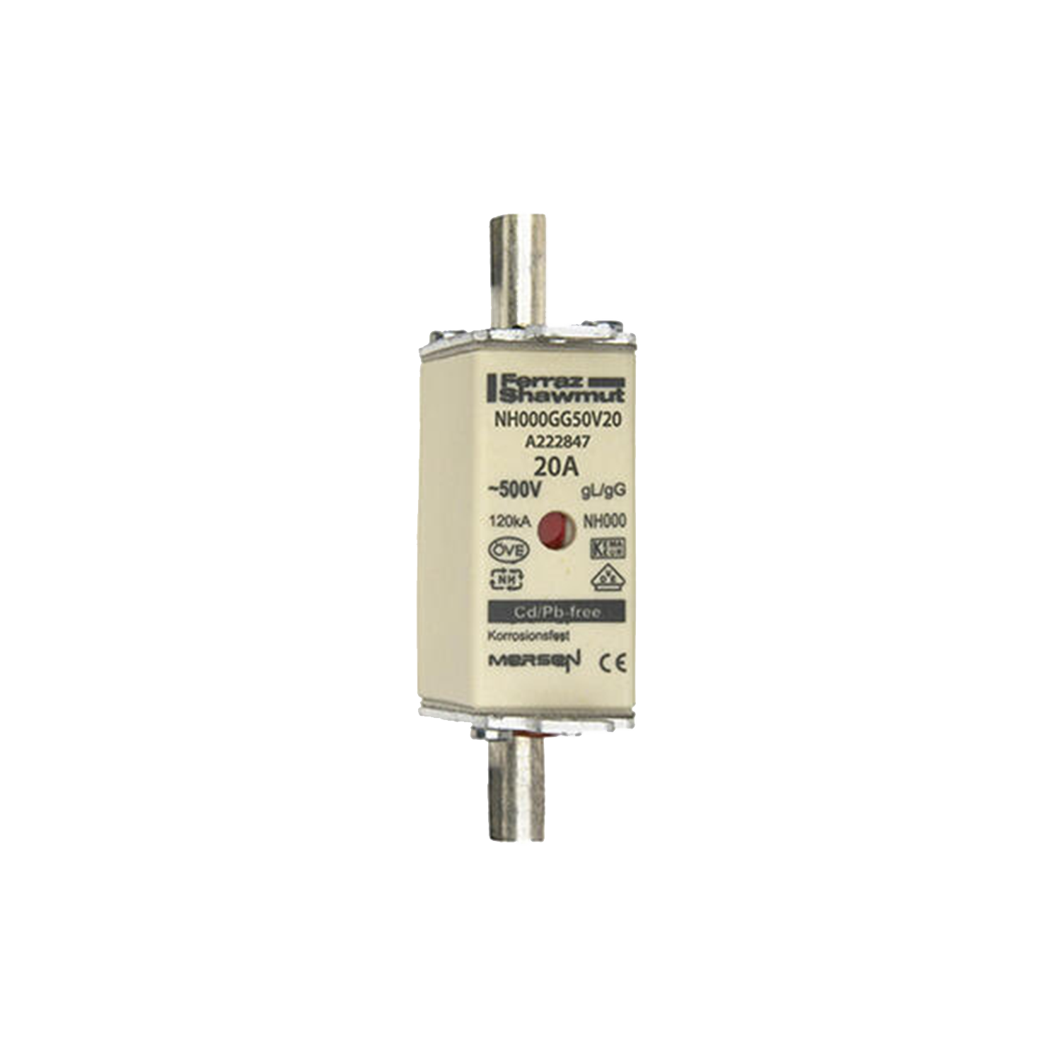 Imagen de FUSIBLE NH TAMAÑO 000 20A 500V AC, 250V DC NH000GG50V20 MERSEN