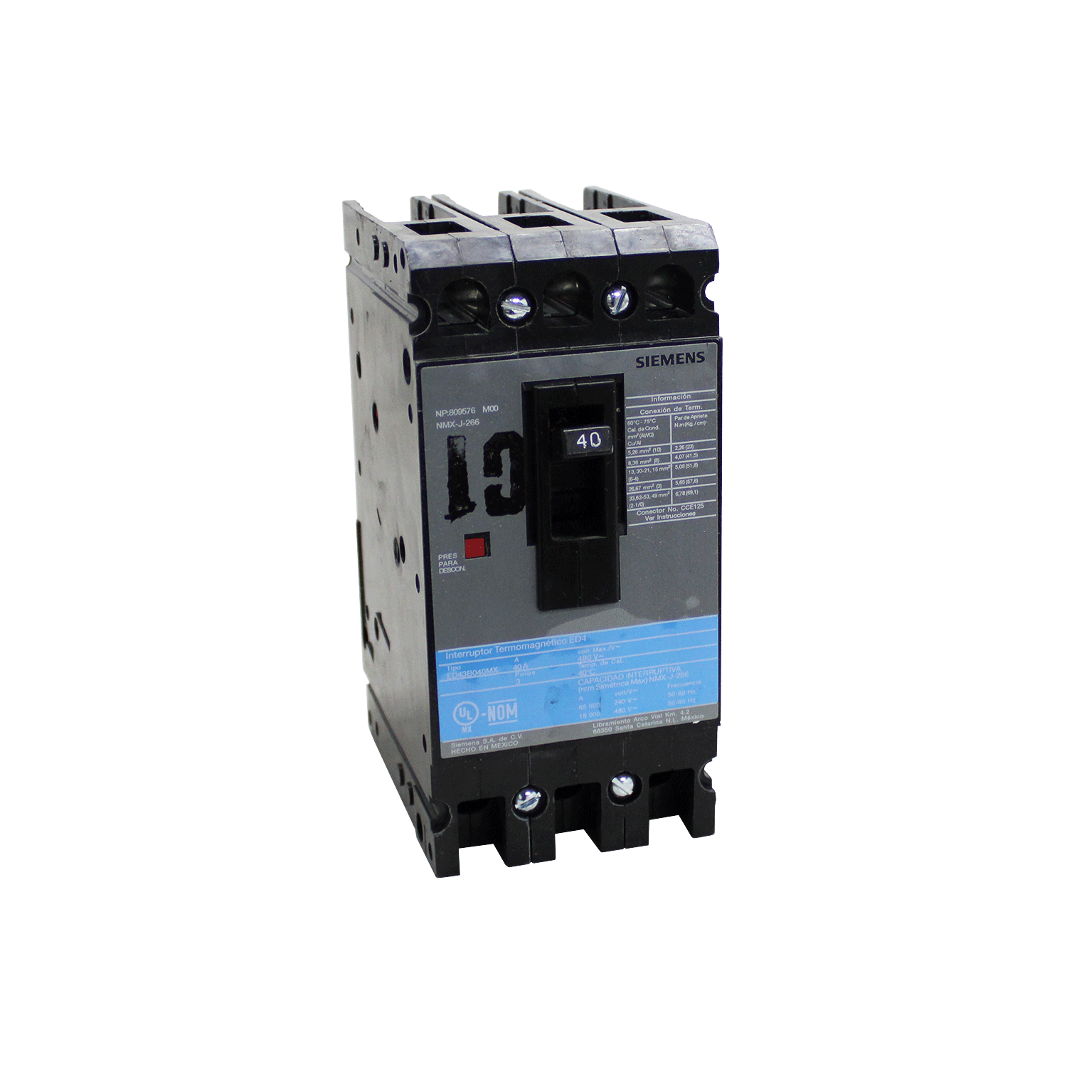 Imagen de INTERRUPTOR ED4 3X40A 65KA/240, 18KA/480V