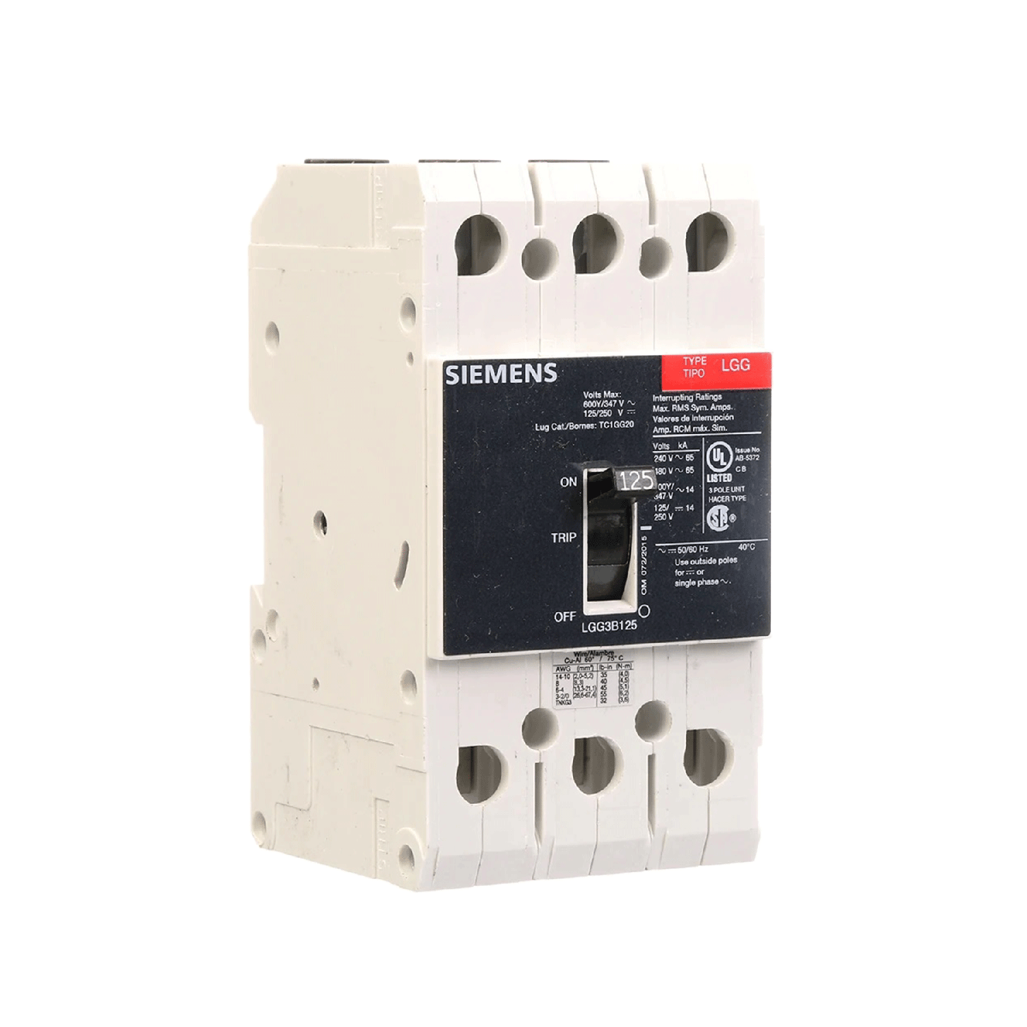 Imagen de INTERRUPTOR LGG 3X125A 65KA/240, 65KA/480, 25KA/600V UL489 PARA RIEL DIN