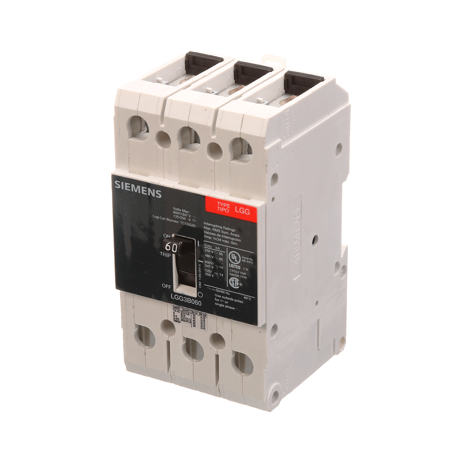 Imagen de INTERRUPTOR LGG 3X60A 65KA/240, 65KA/480, 25KA/600V UL489 PARA RIEL DIN