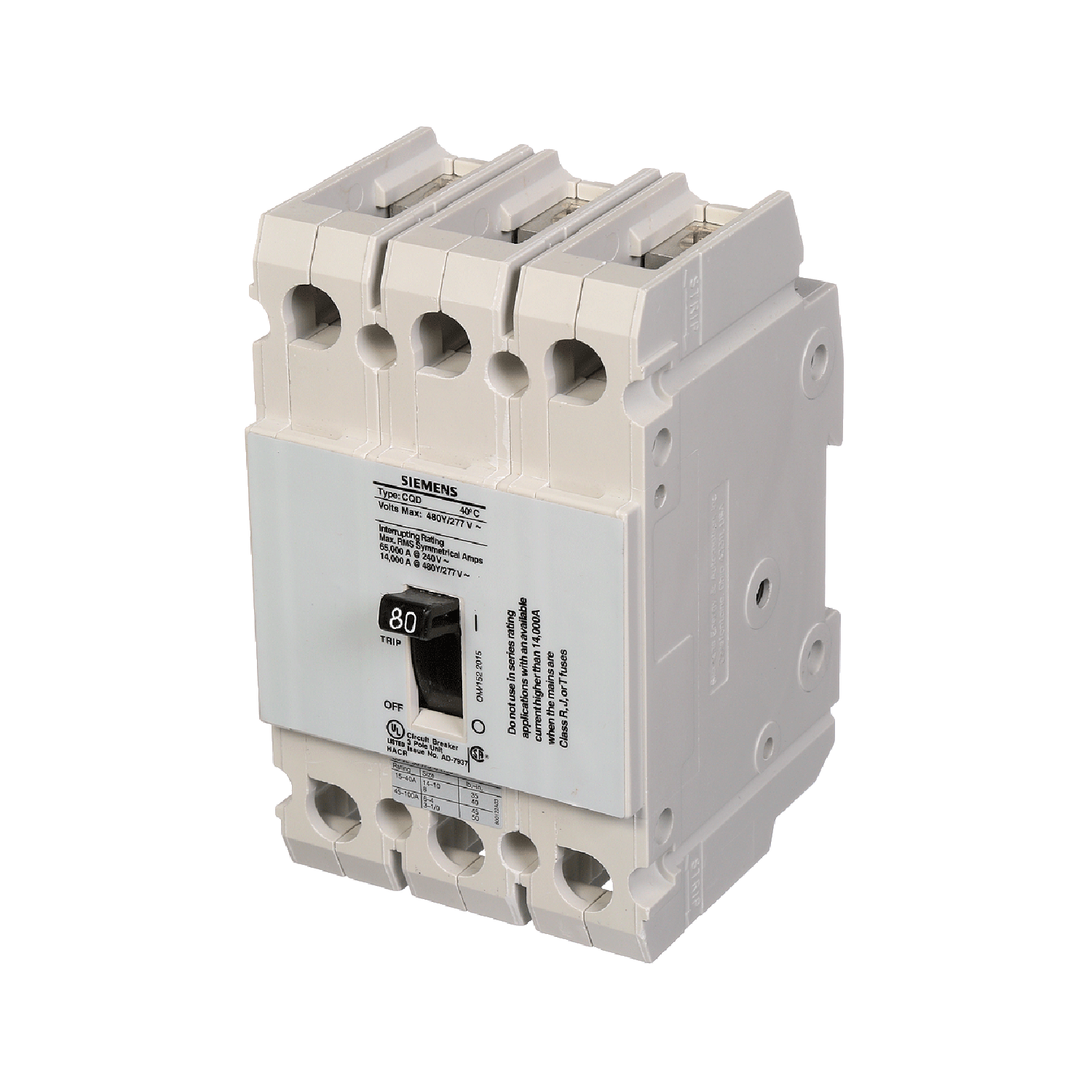 Imagen de INTERRUPTOR CQD 3X80A 65KA/240, 14KA/480, 10KA/600V PARA RIEL DIN
